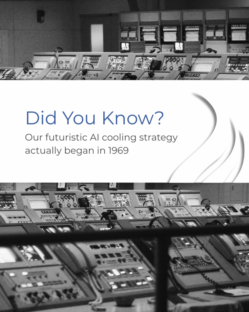 Black and white photo of a vintage 1969 computer control room with rows of analog consoles and monitors. Text overlay reads: "Did You Know? Our futuristic AI cooling strategy actually began in 1969.